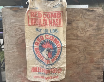 Vintage Feed Sack, Red Comb, Chicken Rooster, Chicago, Distressed Farm Core, Canvas
