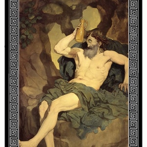 May include: A painting of a man sitting on a rock, holding a jug of wine. The man is nude except for a green cloth draped around his waist. The painting is framed with a black and white border with a Greek key design. The number 12 is in a circle in the upper left corner of the painting.