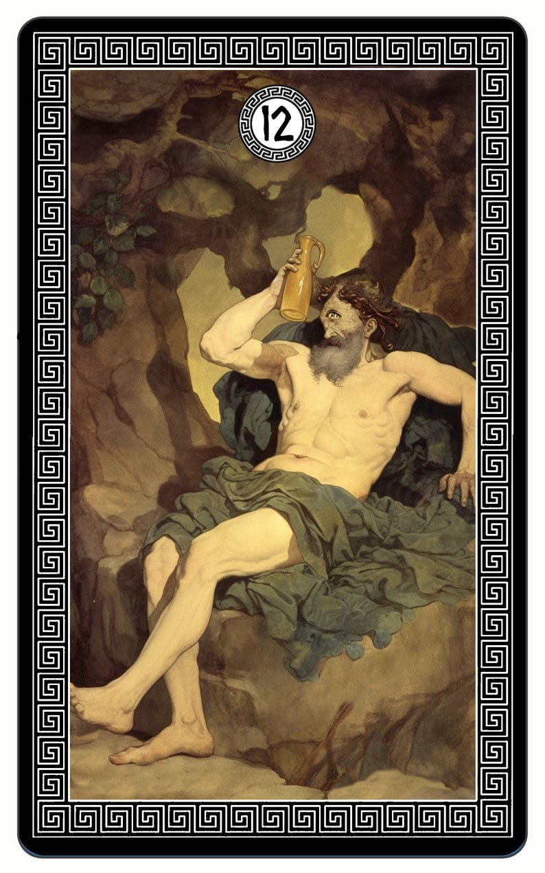 May include: A painting of a man sitting on a rock, holding a jug of wine. The man is nude except for a green cloth draped around his waist. The painting is framed with a black and white border with a Greek key design. The number 12 is in a circle in the upper left corner of the painting.