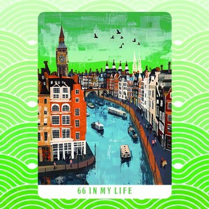 May include: An artistic painting of a European city with a river running through it. The painting features buildings with orange, white, and black facades, a clock tower, and boats on the water. The text "66 IN MY LIFE" is at the bottom.