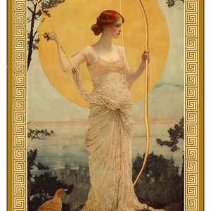 May include: A vintage tarot card illustration of a woman in a flowing white dress holding a bow and arrow. The card is set against a yellow background with a sun and trees. The number 9 is in a circle at the top of the card.