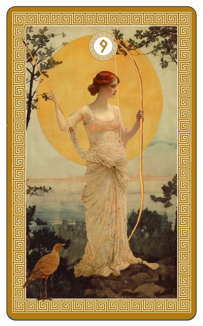 May include: A vintage tarot card illustration of a woman in a flowing white dress holding a bow and arrow. The card is set against a yellow background with a sun and trees. The number 9 is in a circle at the top of the card.