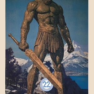 May include: A large, bronze statue of a giant warrior holding a sword. The statue is standing in a mountainous landscape with a small figure of a person standing in front of it. The statue is wearing a helmet and a kilt. The number 22 is visible in a circle on the statue's leg.