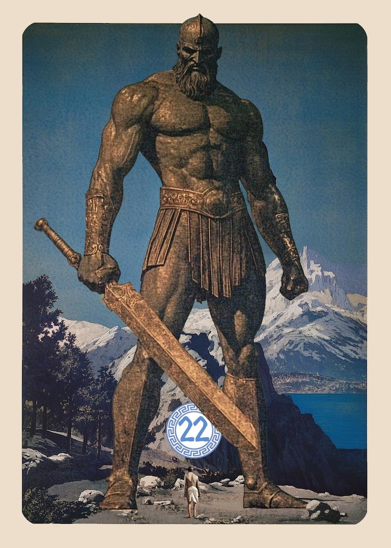 May include: A large, bronze statue of a giant warrior holding a sword. The statue is standing in a mountainous landscape with a small figure of a person standing in front of it. The statue is wearing a helmet and a kilt. The number 22 is visible in a circle on the statue's leg.