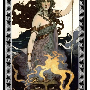 May include: A vintage tarot card illustration depicting a woman in a flowing gown holding a staff with a golden orb at the top. The woman is standing over a man's face, which is partially obscured by clouds. The card is framed with a black and white Greek key border.