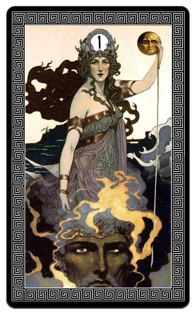 May include: A vintage tarot card illustration depicting a woman in a flowing gown holding a staff with a golden orb at the top. The woman is standing over a man's face, which is partially obscured by clouds. The card is framed with a black and white Greek key border.