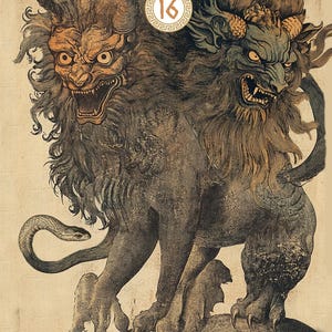 May include: A black and brown mythical creature with two heads, one with a red face and the other with a blue face. The creature has a snake tail and is standing on a rock. The number 16 is in a circle in the upper center of the image.