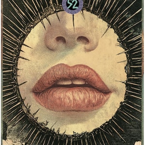 May include: A close-up of a woman's mouth with a crown of thorns around it. The mouth is open and the lips are red. The crown of thorns is made of metal and has a number "52" in the center.