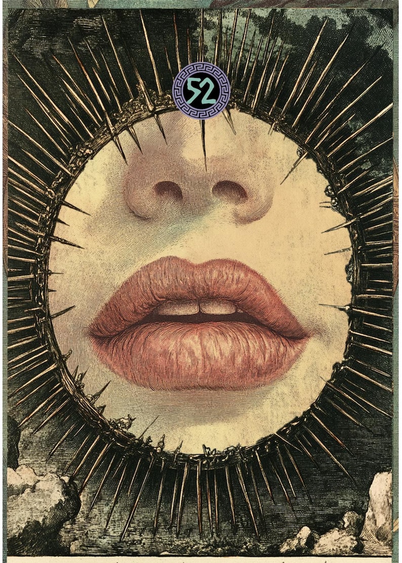 May include: A close-up of a woman's mouth with a crown of thorns around it. The mouth is open and the lips are red. The crown of thorns is made of metal and has a number "52" in the center.