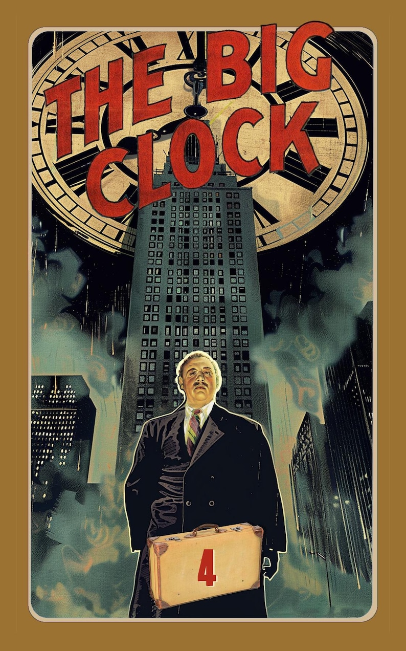 May include: A vintage movie poster for the film "The Big Clock" featuring a man in a suit and a large clock tower in the background.
