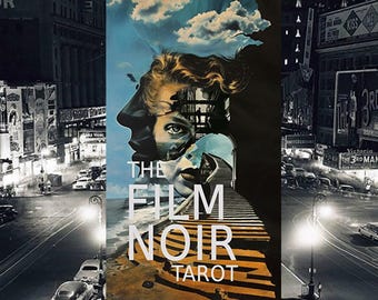 May include: A tarot deck with a black and white image of a city street at night. The deck is titled "The Film Noir Tarot" and features a woman's face with a cityscape behind her.