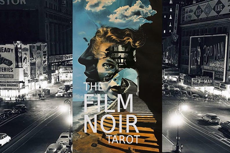 May include: A tarot deck with a black and white image of a city street at night. The deck is titled "The Film Noir Tarot" and features a woman's face with a cityscape behind her.