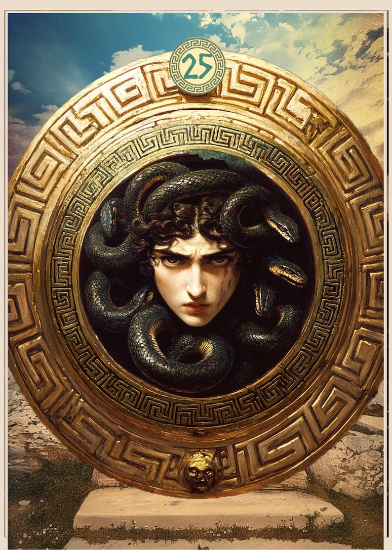 May include: A golden circular frame with a Greek key pattern surrounds a portrait of Medusa, a woman with snakes for hair, with a fierce expression. The number 25 is in a circle at the top of the frame.