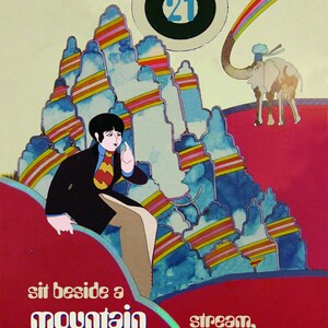 May include: A colorful illustration of a mountain range with a rainbow and an elephant. The text "somewhere in the Black Mountain Hills of Dakota..." is at the top of the image. The number "21" is in a circle in the upper right corner. The text "sit beside a mountain see her waters stream, rise" is at the bottom of the image.