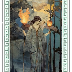 May include: A tarot card with a green border and a greek key design. The card features a woman in a blue dress holding two torches. She is surrounded by wolves and a full moon. The card number 18 is in a circle in the upper left corner.