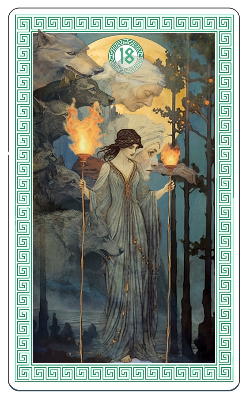 May include: A tarot card with a green border and a greek key design. The card features a woman in a blue dress holding two torches. She is surrounded by wolves and a full moon. The card number 18 is in a circle in the upper left corner.