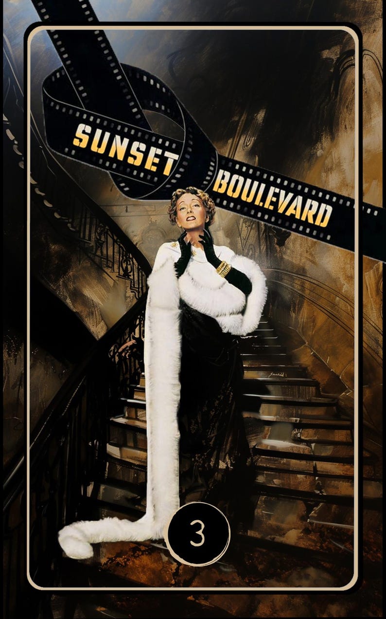 May include: A vintage movie poster featuring a woman in a white fur coat standing on a staircase. The poster has the text "Sunset Boulevard" in a black and gold film strip.