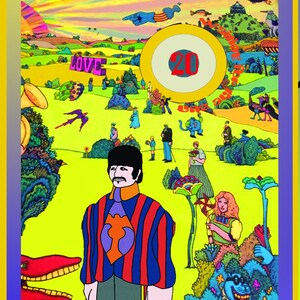 May include: A colorful illustration of a psychedelic landscape with a man in a striped jacket and a large red octopus. The text "Octopus's Garden" is at the bottom of the image.