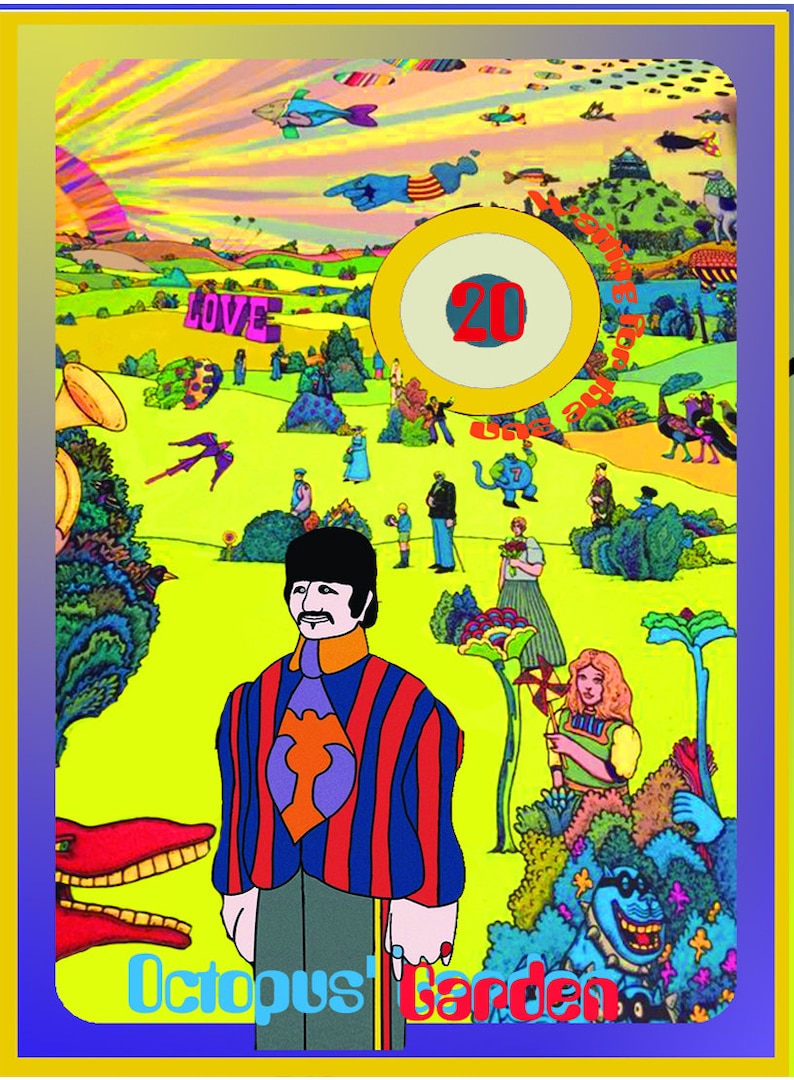 May include: A colorful illustration of a psychedelic landscape with a man in a striped jacket and a large red octopus. The text "Octopus's Garden" is at the bottom of the image.