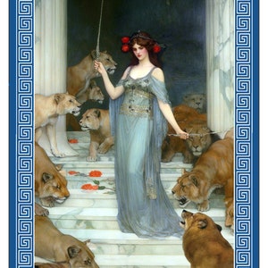 May include: A woman in a blue dress stands on a set of stairs, holding a chain with a ring at the end. She is surrounded by eight lions, some of which are sitting on the stairs. The woman is wearing a crown of red flowers and has a red flower in her hair. The background is a light blue wall with a white column on the left side. The image is framed with a blue and white border.