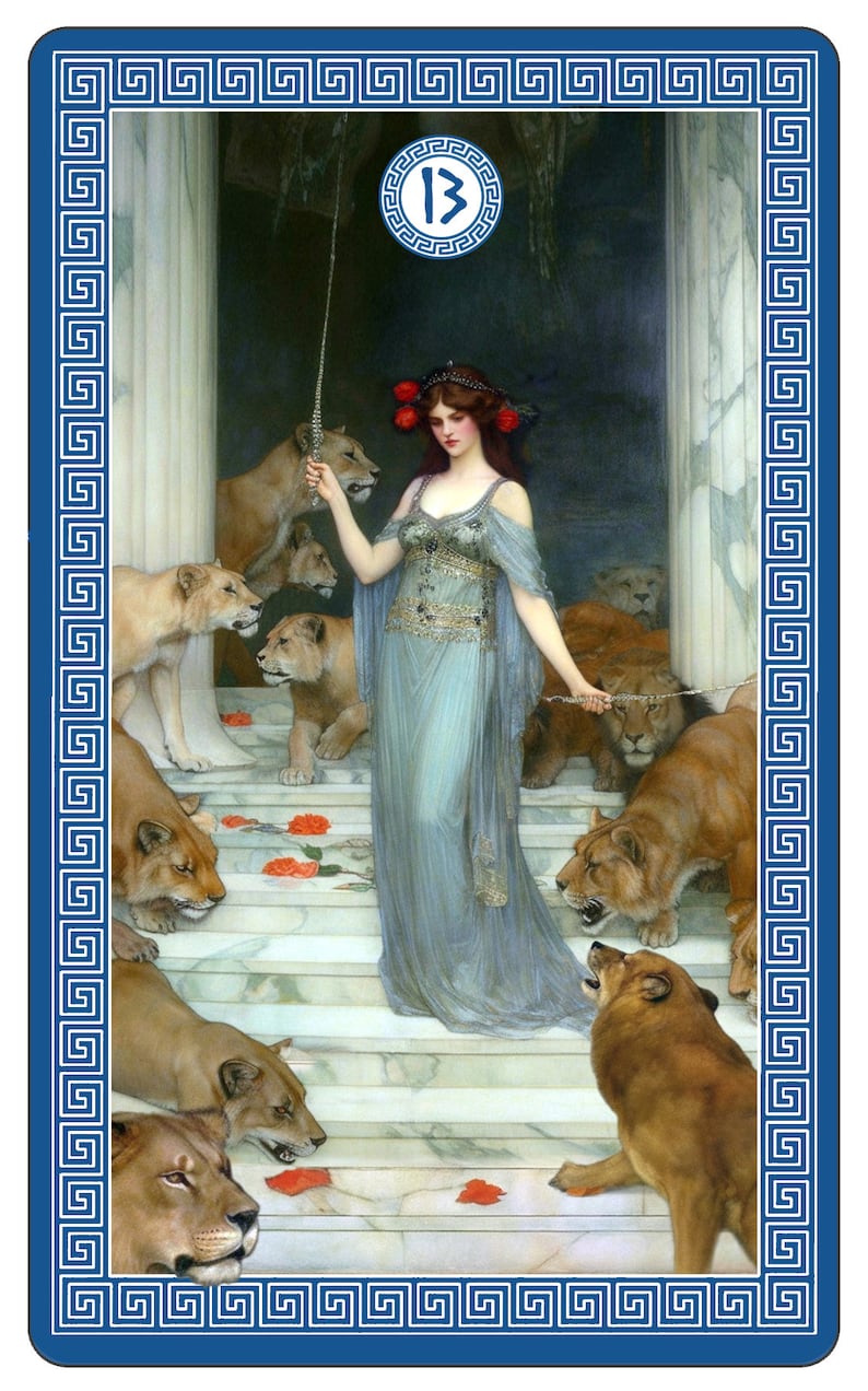 May include: A woman in a blue dress stands on a set of stairs, holding a chain with a ring at the end. She is surrounded by eight lions, some of which are sitting on the stairs. The woman is wearing a crown of red flowers and has a red flower in her hair. The background is a light blue wall with a white column on the left side. The image is framed with a blue and white border.