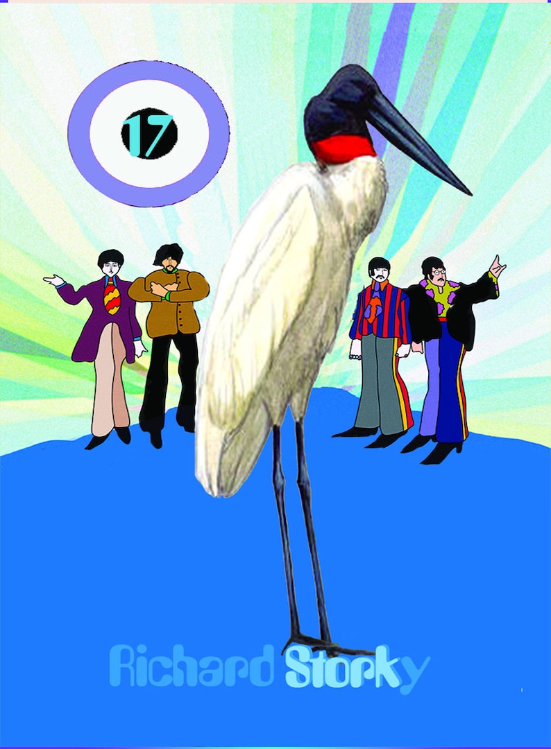 May include: A cartoon illustration of four people standing in front of a large white bird with a long black beak. The bird is standing on a blue surface. The text "Richard Storky" is written below the bird. The number "17" is inside a blue circle in the upper left corner of the image.