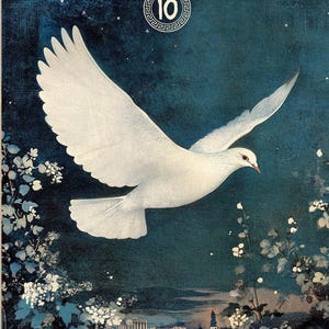 May include: A white dove flies over a city skyline with a blue sky and white flowers in the foreground. The number 10 is in a circle with a Greek key design.