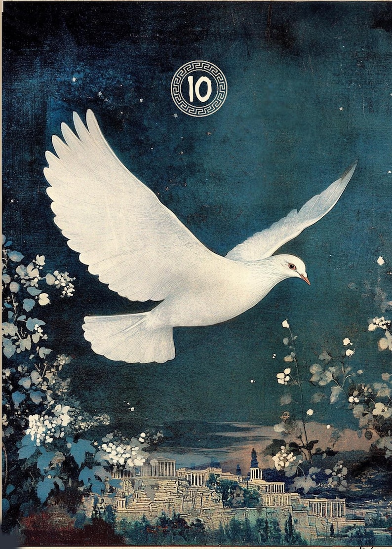 May include: A white dove flies over a city skyline with a blue sky and white flowers in the foreground. The number 10 is in a circle with a Greek key design.