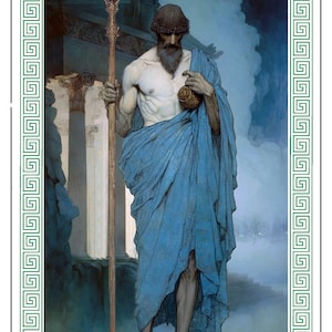 May include: A man in a blue robe stands in front of a white column with a staff in his hand. He is holding a small, round object in his other hand. The background is a dark blue sky with clouds.