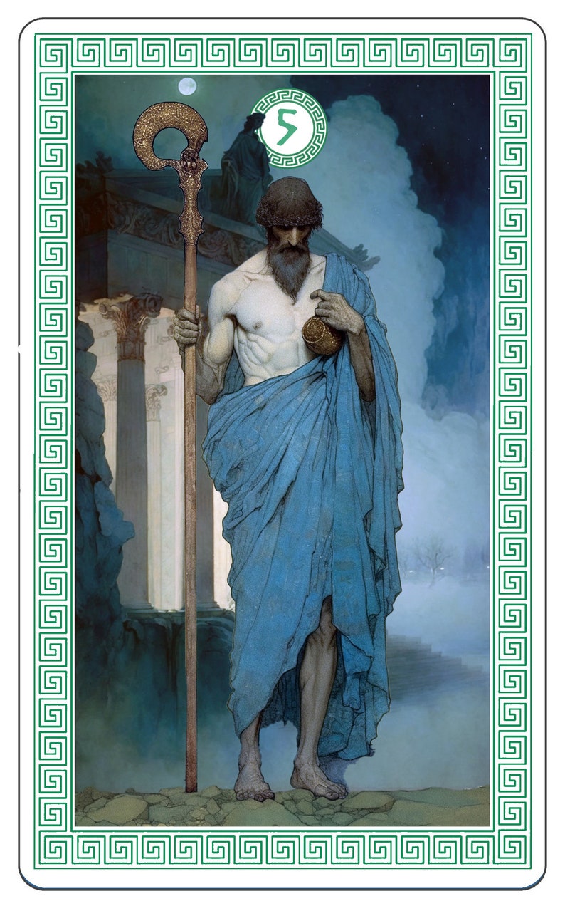 May include: A man in a blue robe stands in front of a white column with a staff in his hand. He is holding a small, round object in his other hand. The background is a dark blue sky with clouds.