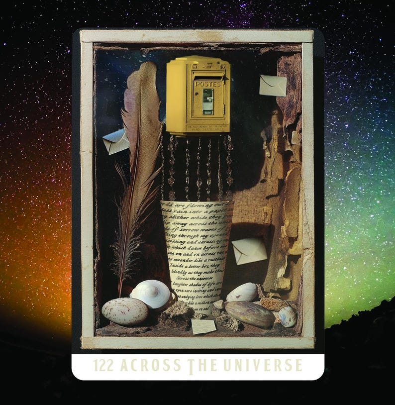 May include: A mixed media artwork featuring a yellow postal box labeled "POSTES", a large feather, seashells, and handwritten text. The artwork is set against a starry background and includes the text "122 ACROSS THE UNIVERSE".