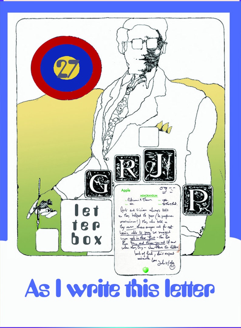 May include: A black and white illustration of a person sitting with a letterbox in front of them. The letterbox has the words "let ter box" written on it. The person is wearing glasses and a suit. The background is a yellow and green landscape with a red, blue, and yellow circle with the number 27 in it. The image also includes a handwritten note with the words "Apple Memorandum" and a green apple.