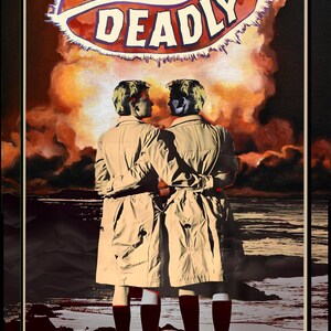 May include: A vintage-style tarot card with a red and white illustration of a pair of lips with the text "Kiss Me Deadly" above them. The card features two figures in beige trench coats standing on a beach with a dark red sky and a large cloud behind them. The number "19" is in a black circle at the bottom of the card.