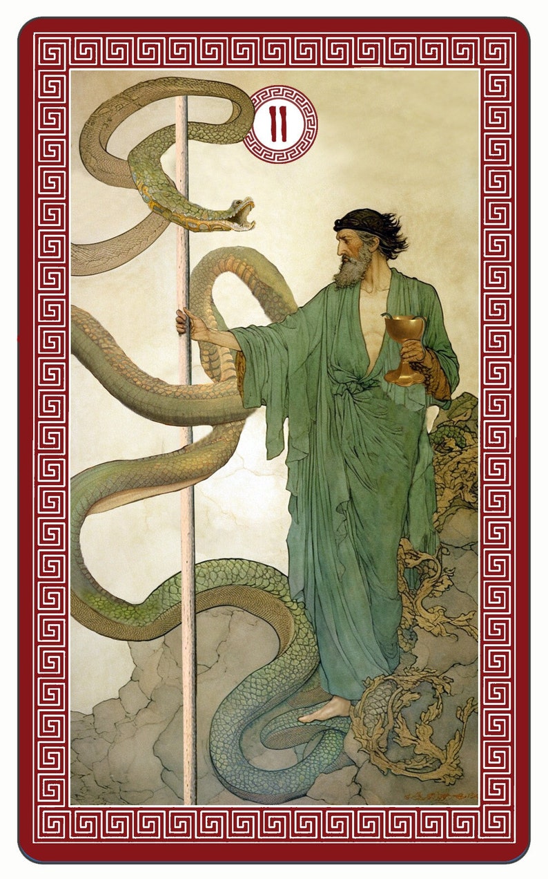 May include: A tarot card with a red border and a Greek key design. The card depicts a man in a green robe holding a golden chalice. A large green snake wraps around a staff behind him. The card number "II" is in a circle at the top of the card.