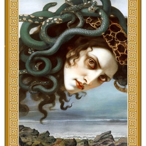 May include: A painting of Medusa, a mythical Greek creature with snakes for hair, depicted as a beautiful woman with a sorrowful expression. The painting is framed with a gold border and a number "12" in a circle.