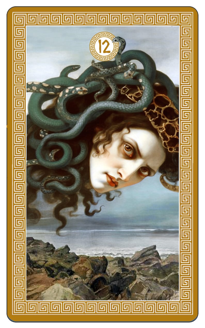 May include: A painting of Medusa, a mythical Greek creature with snakes for hair, depicted as a beautiful woman with a sorrowful expression. The painting is framed with a gold border and a number "12" in a circle.