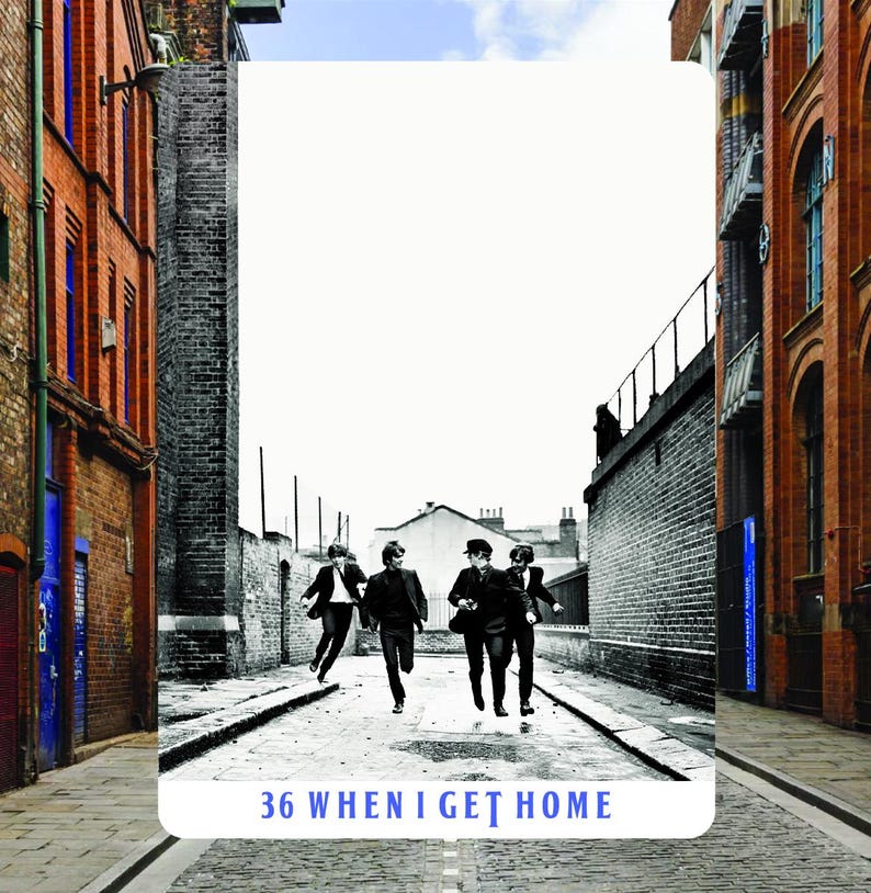 May include: Black and white image of four men running down a cobblestone street. They are wearing suits and appear to be in a hurry. The image is framed by a white border with the text "36 WHEN I GET HOME" at the bottom.