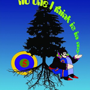 May include: A green, yellow, and blue circle with the number "5" in the center is at the base of a black silhouette of a tree. A person with a mustache and glasses is sitting on the tree roots. The text "no one I think is in my tree" is written in green around the tree.