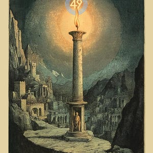 May include: A vintage illustration of a burning torch atop a column in a ruined city. The torch is surrounded by a blue circle with the number 49 inside. The city is set against a dark, mountainous backdrop.