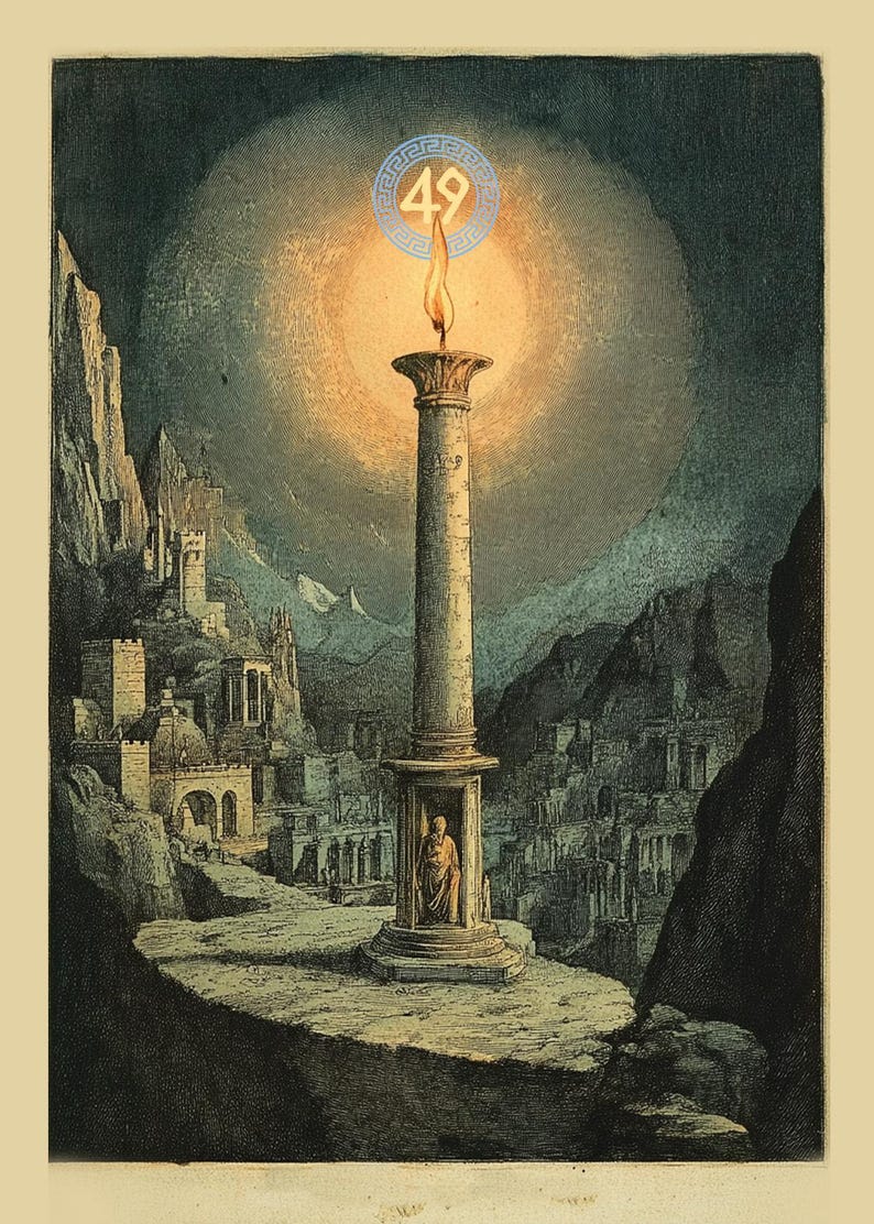 May include: A vintage illustration of a burning torch atop a column in a ruined city. The torch is surrounded by a blue circle with the number 49 inside. The city is set against a dark, mountainous backdrop.