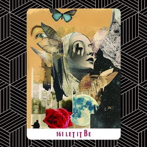 May include: A collage featuring a woman's face with butterfly wings, a red rose, and a blue butterfly. The image has a vintage aesthetic with the text "161 LET IT BE" at the bottom. The background is a geometric pattern.