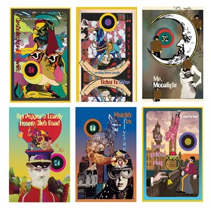 May include: A set of six colorful cards with a collage of images and text. Each card features a different image and text, including a woman with a crown, a man riding a blue animal, a man with a moon, a man with a hat, a fox, and a man on a bridge.