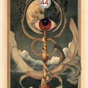 May include: A vintage illustration of a key with a large eye and a crescent moon, surrounded by a wreath and a banner. The key is topped with a circle containing the number "44".