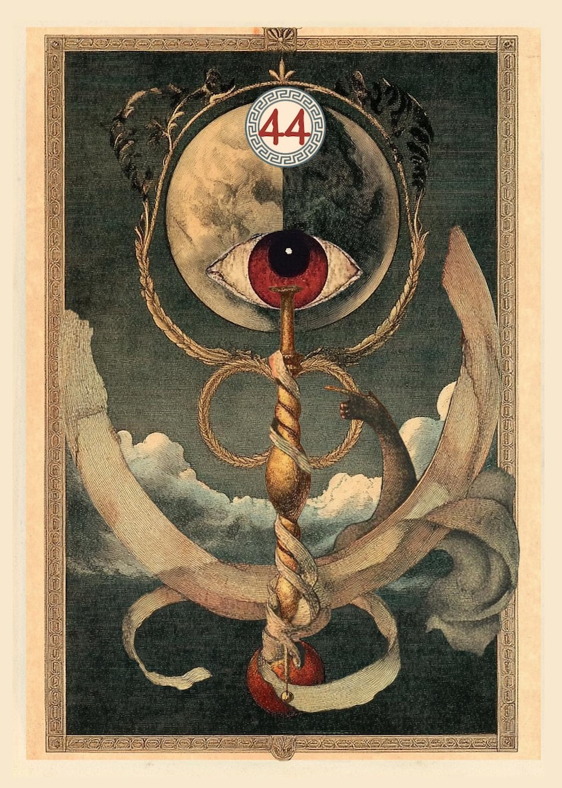 May include: A vintage illustration of a key with a large eye and a crescent moon, surrounded by a wreath and a banner. The key is topped with a circle containing the number "44".