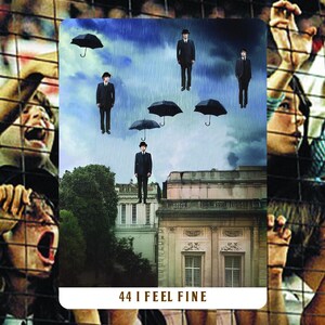 May include: Surreal art piece featuring men in suits floating in a rainy sky with umbrellas. The image includes a building facade and the text "44 I FEEL FINE" in a white box. The background shows blurred figures behind a fence.