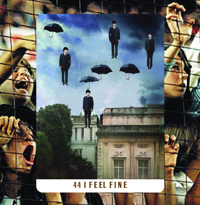 May include: Surreal art piece featuring men in suits floating in a rainy sky with umbrellas. The image includes a building facade and the text "44 I FEEL FINE" in a white box. The background shows blurred figures behind a fence.