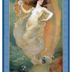 May include: A painting of a woman with long flowing hair, standing in a seashell with a clock above her head. She is surrounded by bubbles and the ocean.