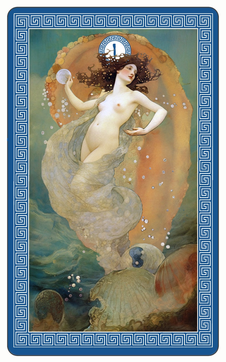 May include: A painting of a woman with long flowing hair, standing in a seashell with a clock above her head. She is surrounded by bubbles and the ocean.
