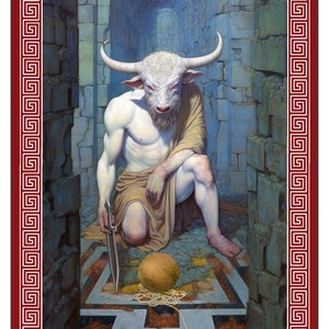 May include: A white minotaur with a bull's head and human body kneels in a stone maze. The minotaur holds a dagger in one hand and a ball of yarn in the other. The number 12 is visible in a circle above the minotaur's head.