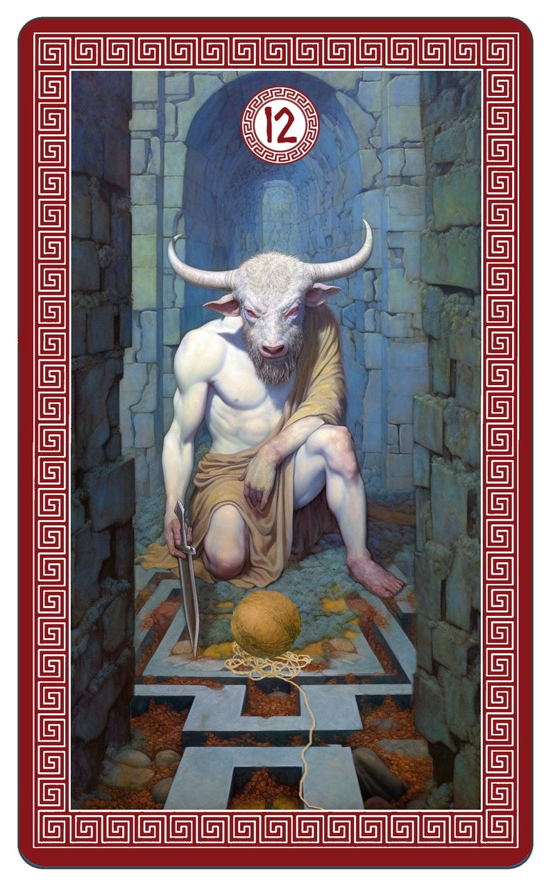 May include: A white minotaur with a bull's head and human body kneels in a stone maze. The minotaur holds a dagger in one hand and a ball of yarn in the other. The number 12 is visible in a circle above the minotaur's head.